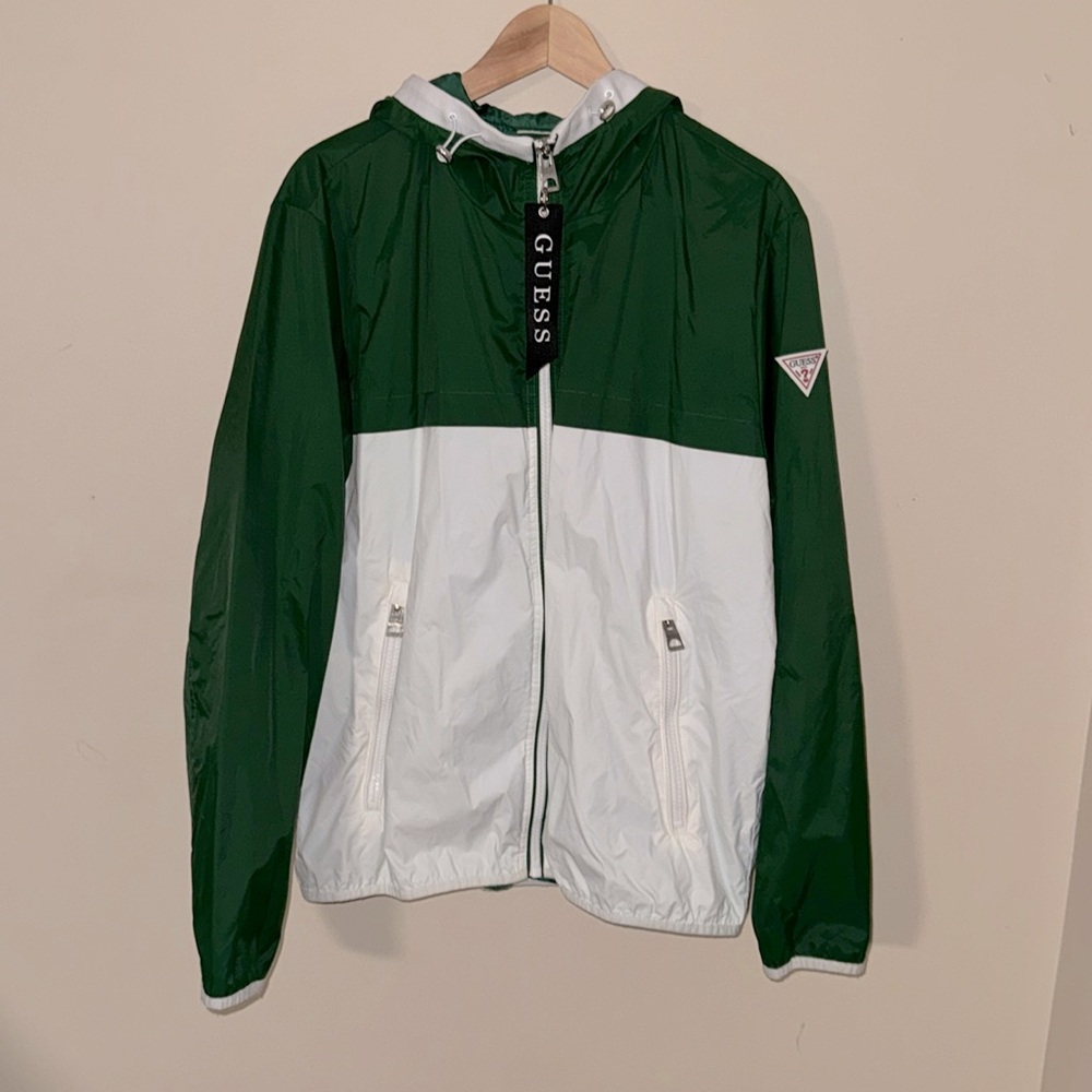GUESS Nylon Hooded Windbreaker Jacket in Green/White, Size:L
